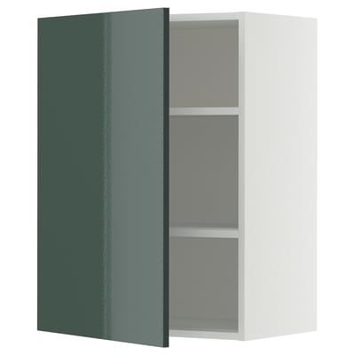 METOD wall cabinet, high-gloss grey-green, rectangular with one door open, showcasing adjustable shelves.