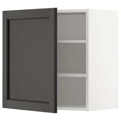 An open METOD kitchen cabinet with a black-stained ash door and three shelves. The door beveled edges and attaches on the left or right.