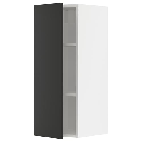 Modern black and white wall cabinet from ikea METOD series, tall rectangular design with one open shelf.