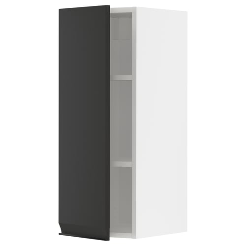 METOD kitchen unit in matte black with integrated handle and shelves.