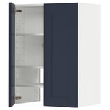 Blue wall-mounted cabinet with open door, showing shelves; modern design.