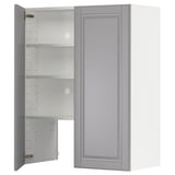 Gray kitchen cabinet with door open, revealing adjustable shelves. Made of fiberboard with a painted finish. Traditional style with beveled edges.