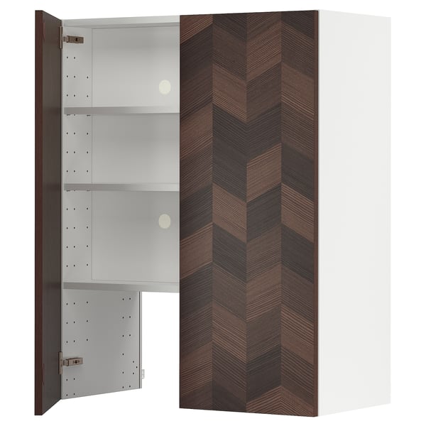Modern dark wood cabinet with 3 shelves, adjustable, sleek handles, and chevron pattern.