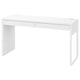 A white MICKE desk. It a simple, minimalist design with two drawers, a cable management system, and clean lines.