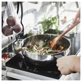 Cooking veggies in stainless pan, onions hanging, plant in background.