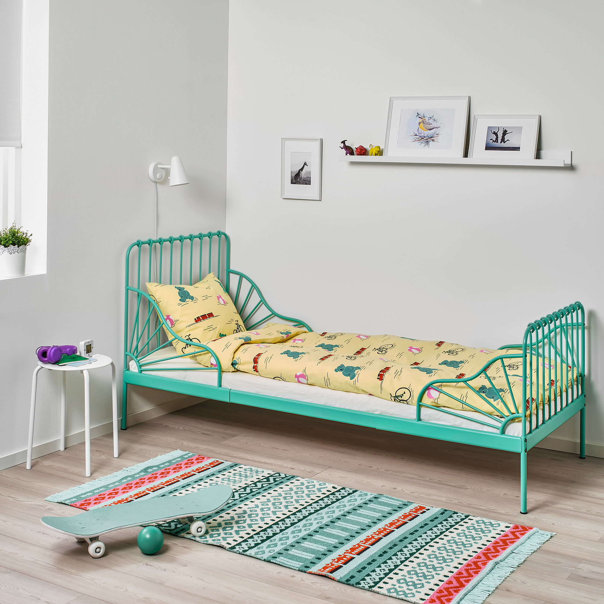 MINNEN Ext bed frame with slatted bed base turquoise IKEA