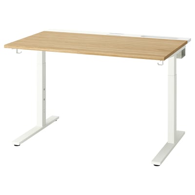 MITTZON adjustable desk, white metal base, oak top, rectangular shape, sleek design.