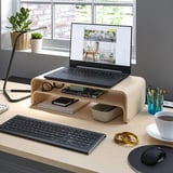 Organized workspace with laptop on stand, keyboard, mouse, lamp, plants, and coffee.