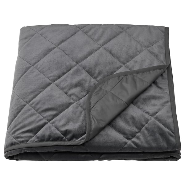 MJUKPLISTER dark grey bedspread, soft recycled polyester velvet, quilted rectangular design.