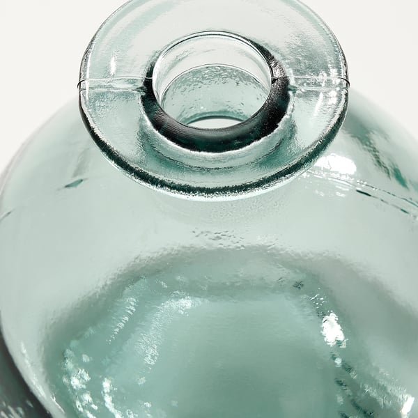 Glass vase, clear & bubbly texture, recycled glass, smooth surface, open top.