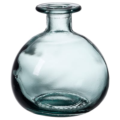 MYRMOSAIK vase: turquoise recycled glass, round bulbous shape, simple design.