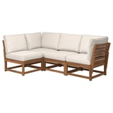 NÄMMARÖ outdoor sectional sofa in natural wood with beige cushions, l-shaped.