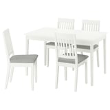 A white NÄSINGE dining set with a square table and four matching chairs, each with grey upholstered seats.
