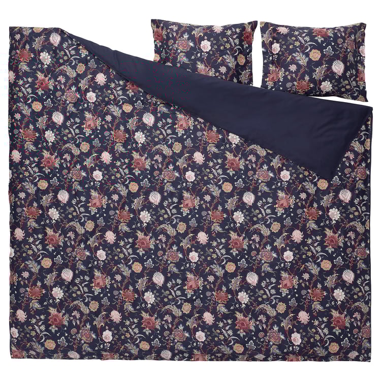 NÄSSELKLOCKA duvet cover and 2 pillowcases, dark blue/multicolour