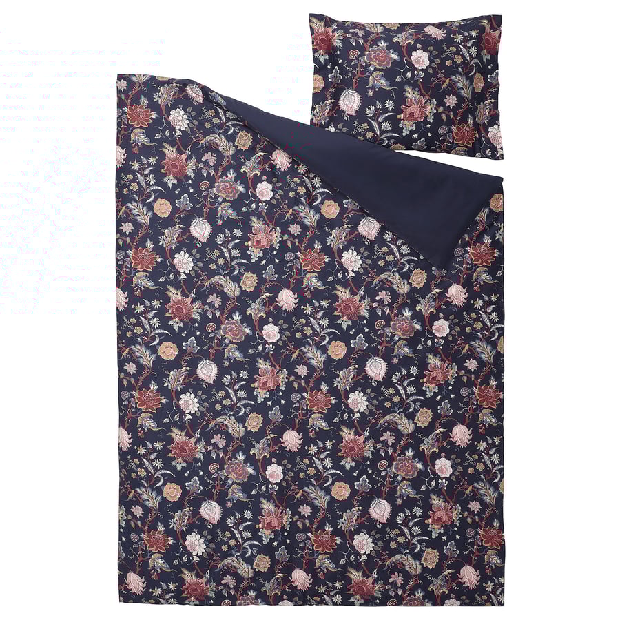 NÄSSELKLOCKA duvet cover and pillowcase, dark blue/multicolour, 140x200