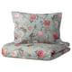 Option: A NÄSSELKLOCKA bedding set in turquoise with colorful floral patterns, including duvet and pillowcases, made from cotton and viscose.