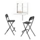 Option: Wall-mounted drop-leaf table with storage and 2 black stools, organized shelves.