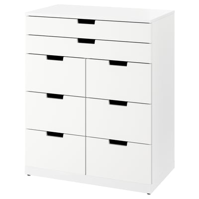 Ikea NORDLI white 8-drawer chest. Modern, square-shaped, with black handles.