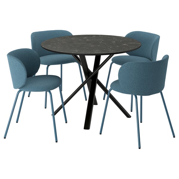 NORRMJÖLE / KRYLBO Table and 4 chairs, black marble effect/Axvall blue, 105 cm
