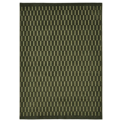 Dark green geometric patterned rug, rectangular, recycled polyester.