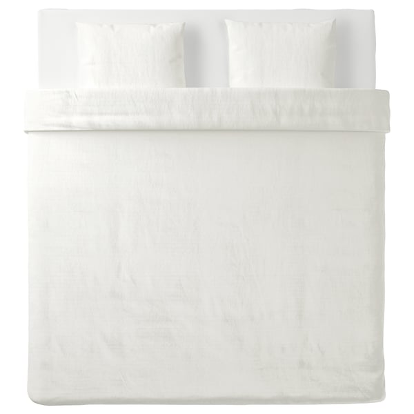 OFELIA VASS white cotton duvet cover set, textured dobby-weave, light, crisp, comfy, plastic closure, envelope pillowcases.