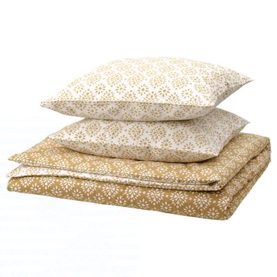 ORMÄNGSFLY bed set, mustard yellow, reversing floral design, soft cotton/viscose, neatly folded.