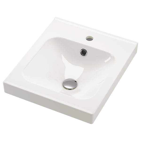 ORRSJÖN white ceramic sink, rectangular, sleek design, chrome drain, single faucet hole.