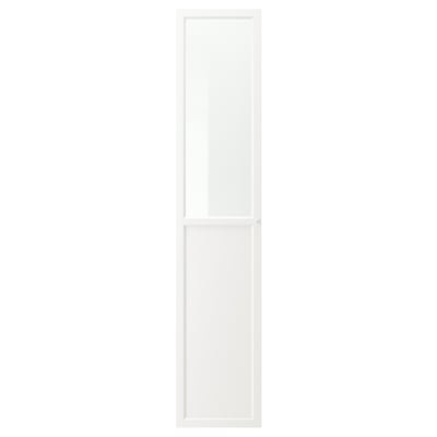White OXBERG cabinet with clear glass, modern and minimalist design.