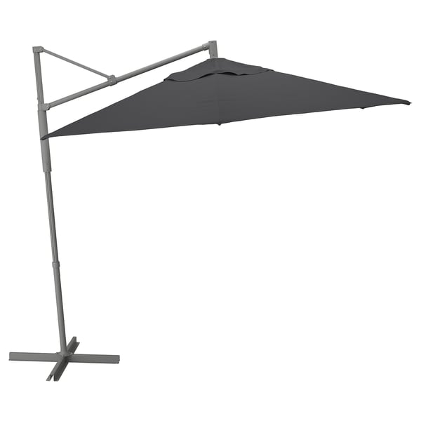 Recycled polyester OXNÖ patio umbrella with aluminum and steel frame, triangular cantilever design.