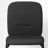 Back and seat of upholstered dining chair shown, featuring thick padding and dark patterned fabric.