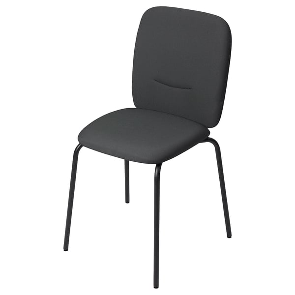 A black upholstered chair, PÅBODA, with a sleek design, thick seat, and high back for comfort. It has a metal frame and polyester fabric.