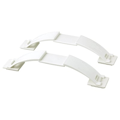 Two white plastic PATRULL door stoppers. They each have a rectangular base, curved arm, and small teeth to grip the door.