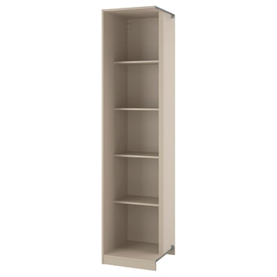 An ikea PAX beige corner wardrobe unit. It has four shelves and is made of particleboard and paper foil. The unit an open storage design.