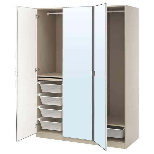 Beige PAX wardrobe with mirror doors and mesh drawers.