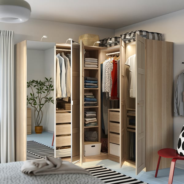PAX / BERGSBO/ÅHEIM Corner wardrobe, white stained oak effect/oak veneer, 211/161x201 cm