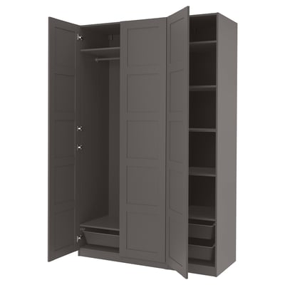 Open gray PAX wardrobe with mesh basket, shelves, and hanging space.