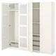 White PAX wardrobe, open, glass doors, shelves, rail, mesh basket.