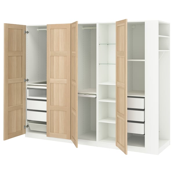 PAX / BERGSBO Wardrobe combination, white white stained oak effect/white, 255x60x201 cm
