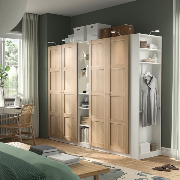 PAX / BERGSBO Wardrobe combination, white white stained oak effect/white, 255x60x201 cm