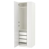 A white ikea PAX wardrobe with silver hardware, featuring drawers and shelves inside.