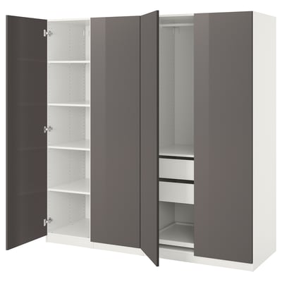 Ikea PAX wardrobe in grey with white interior, open doors displaying shelves and drawers, modern minimalist design.