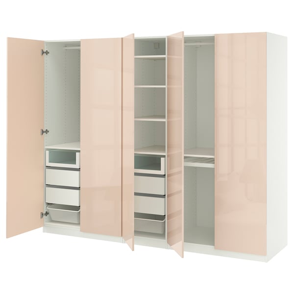 White PAX wardrobe with shelves, drawers, soft-close hinges, mesh basket & organizers.