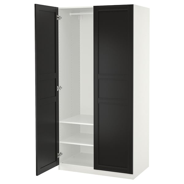 Ikea PAX wardrobe, white and black, rectangular, slim design, two doors, one shelf inside, soft closing hinges.