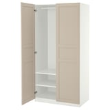 PAX wardrobe, beige. Modern, tall, rectangular. Soft-closing hinges, two doors, shelves inside.