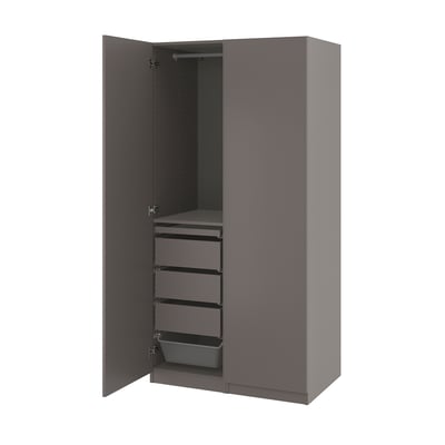 A gray PAX wardrobe with one door open, revealing shelves and drawers.
