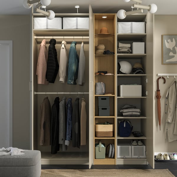 PAX / FORSAND Wardrobe combination, grey-beige grey-beige/oak effect, 185x60x236 cm