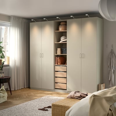 PAX / FORSAND Wardrobe combination, grey-beige/white stained oak effect grey-beige, 250x60x236 cm