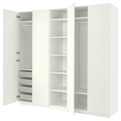 A white PAX wardrobe with open doors, revealing shelves and mesh baskets inside.