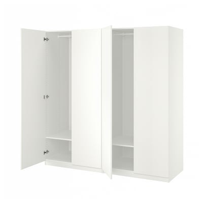 White PAX wardrobe with both doors open, showing empty shelves and soft-close hinges.