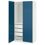 A white and blue PAX wardrobe with a mesh basket and hanging rail. It a modern, sleek design with a blue door.